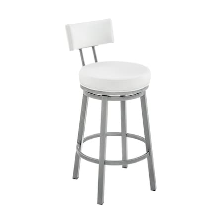 Armen Living Dalza Swivel Bar Stool in Cloud Finish with White Faux Leather 840254333574